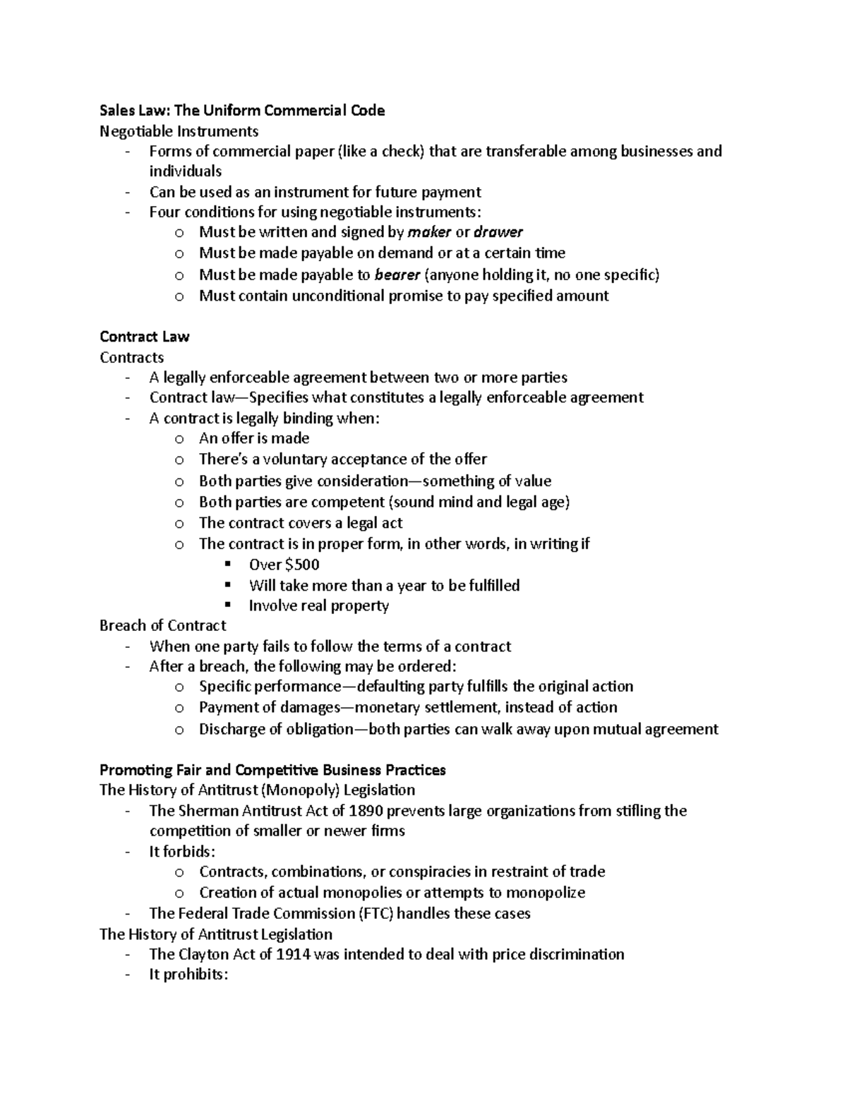BUS 101: Sales Law & Contract Principles Notes (Final Exam Prep) - Studocu