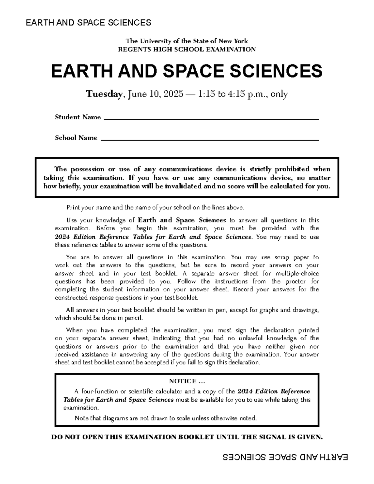 Regents Earth and Space Sciences Exam - June 2025 - Studocu