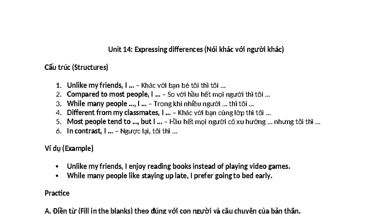 Unit 14: Expressing Differences - Structures & Practice - Studocu