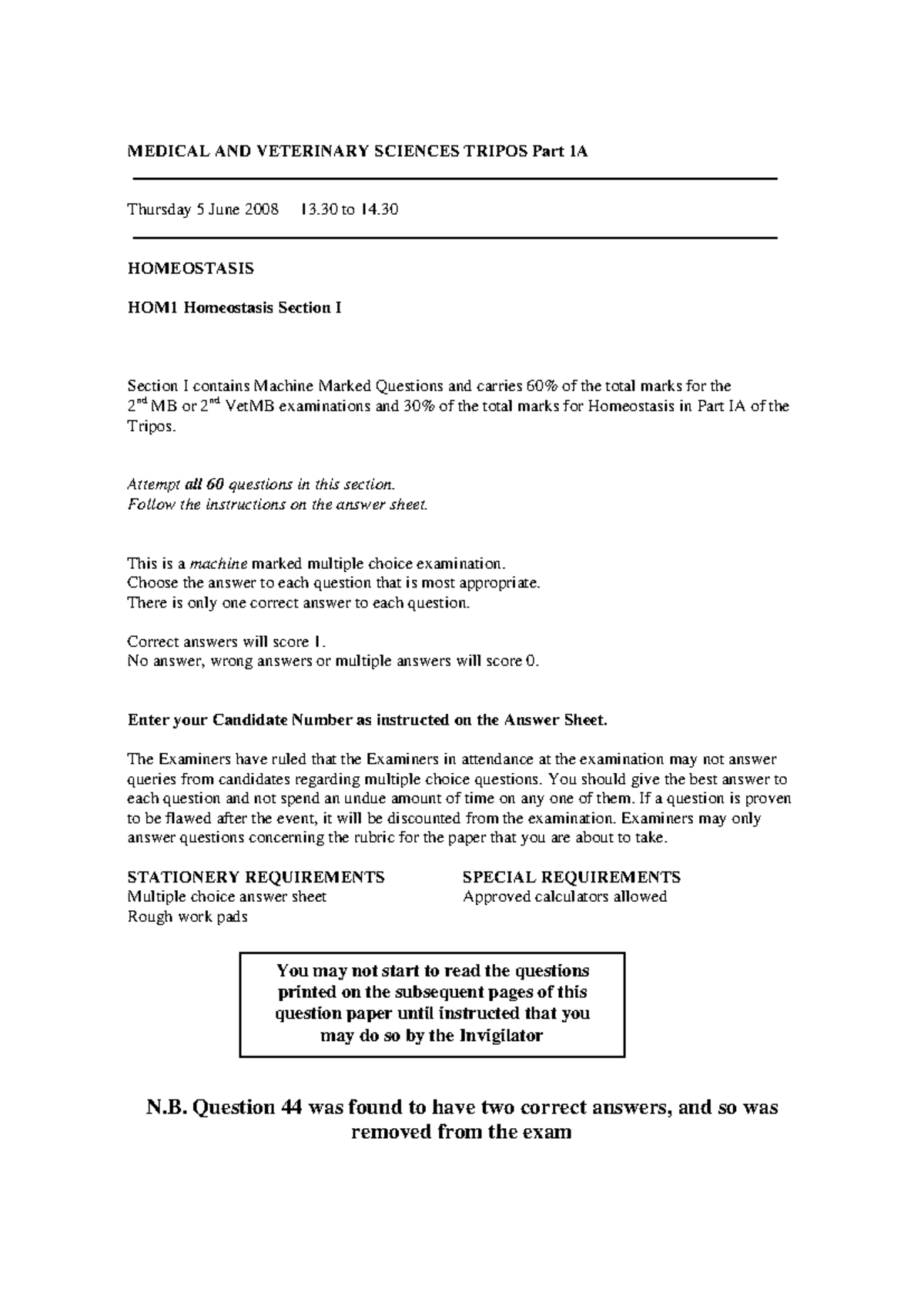 HOM1 2008 - Medical and Veterinary Sciences Past Exam Paper - Studocu