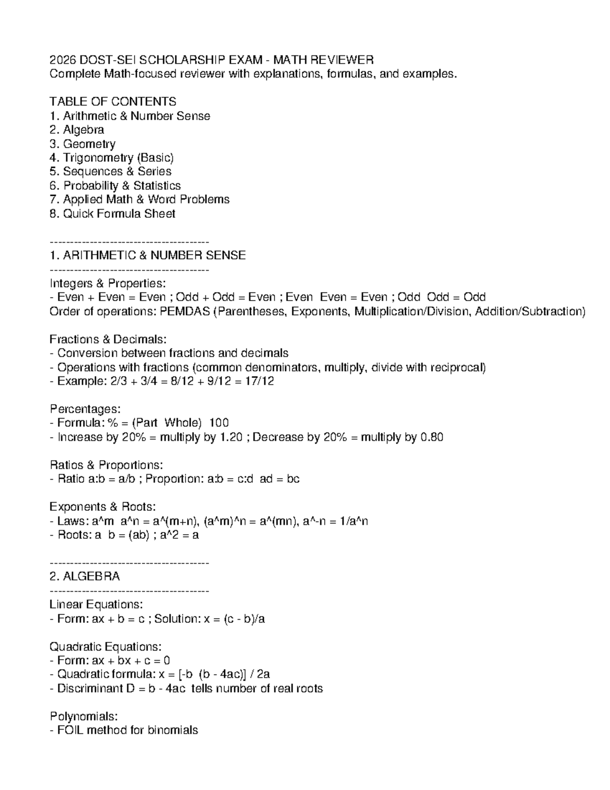 DOST SEI 2026 MATH REVIEWER: Complete Exam Prep with Solutions - Studocu