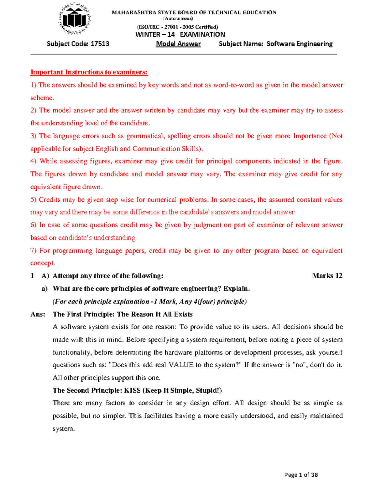 Model Answer Paper for Software Engineering (Subject Code: 17513 ...
