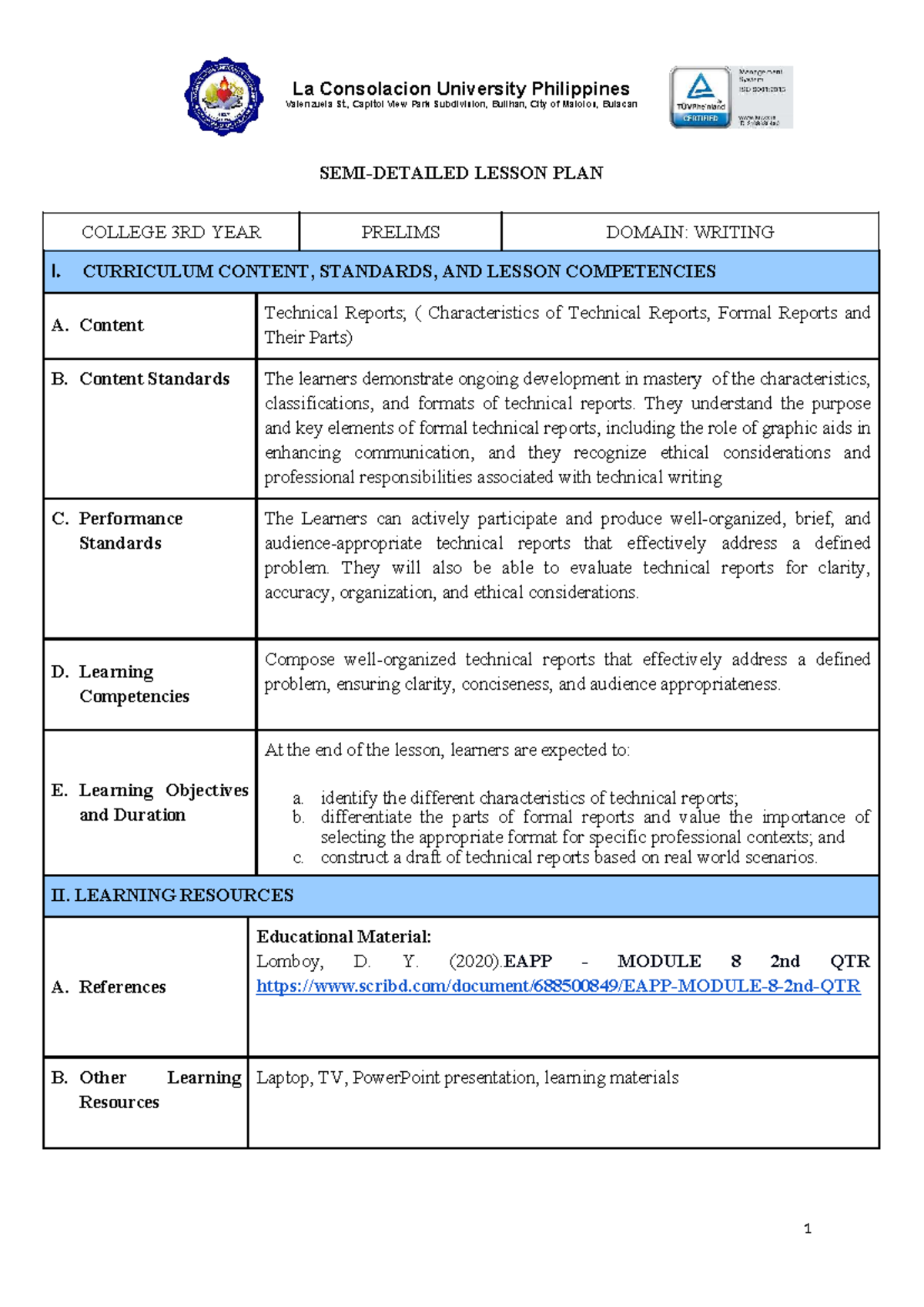 DLP-TECH Writing: Lesson Plan for 3rd Year College Students - Studocu
