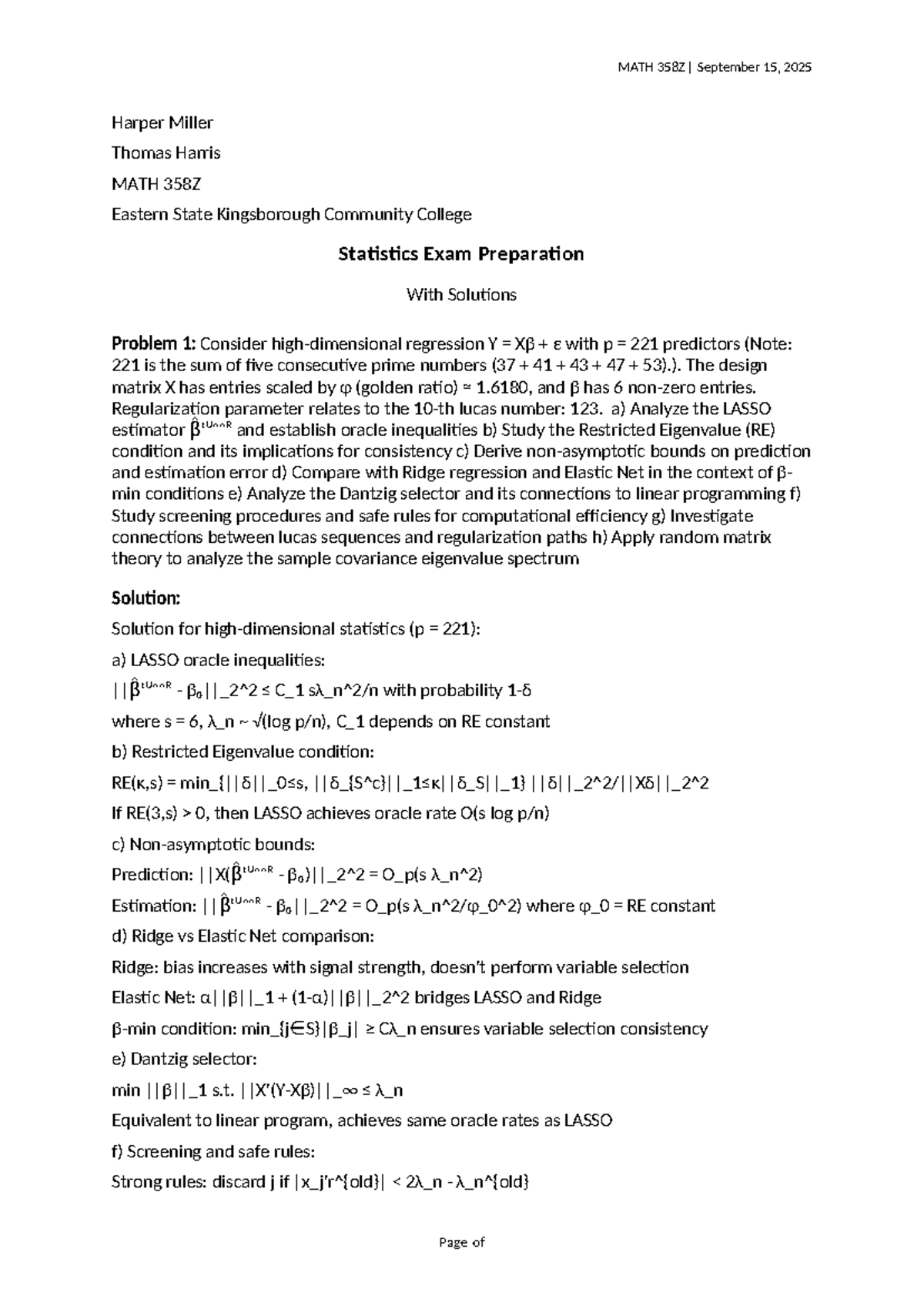 MATH 358Z Statistics Exam Prep: LASSO, Ridge, and Extreme Value ...