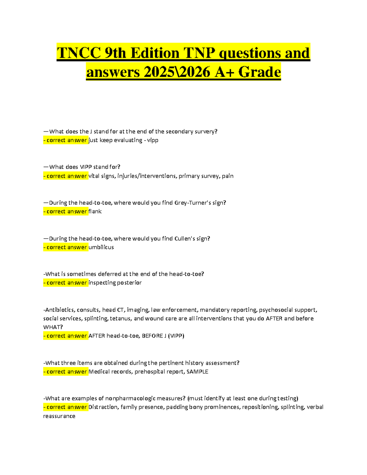 TNCC 9th Edition TNP Questions and Answers 2025/2026 - Studocu