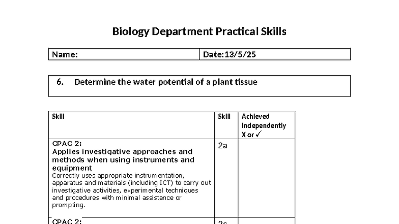 Biology CPAC 2 Practical Skills: Water Potential Determination - Studocu
