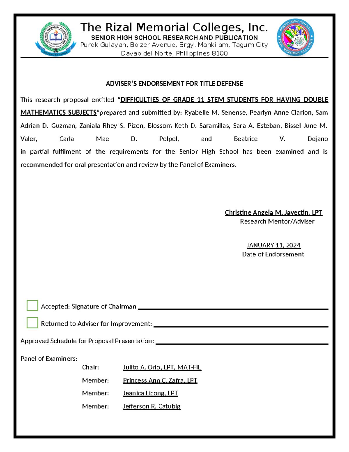 Endorsement for Title Defense: Challenges of Grade 11 STEM in Math ...