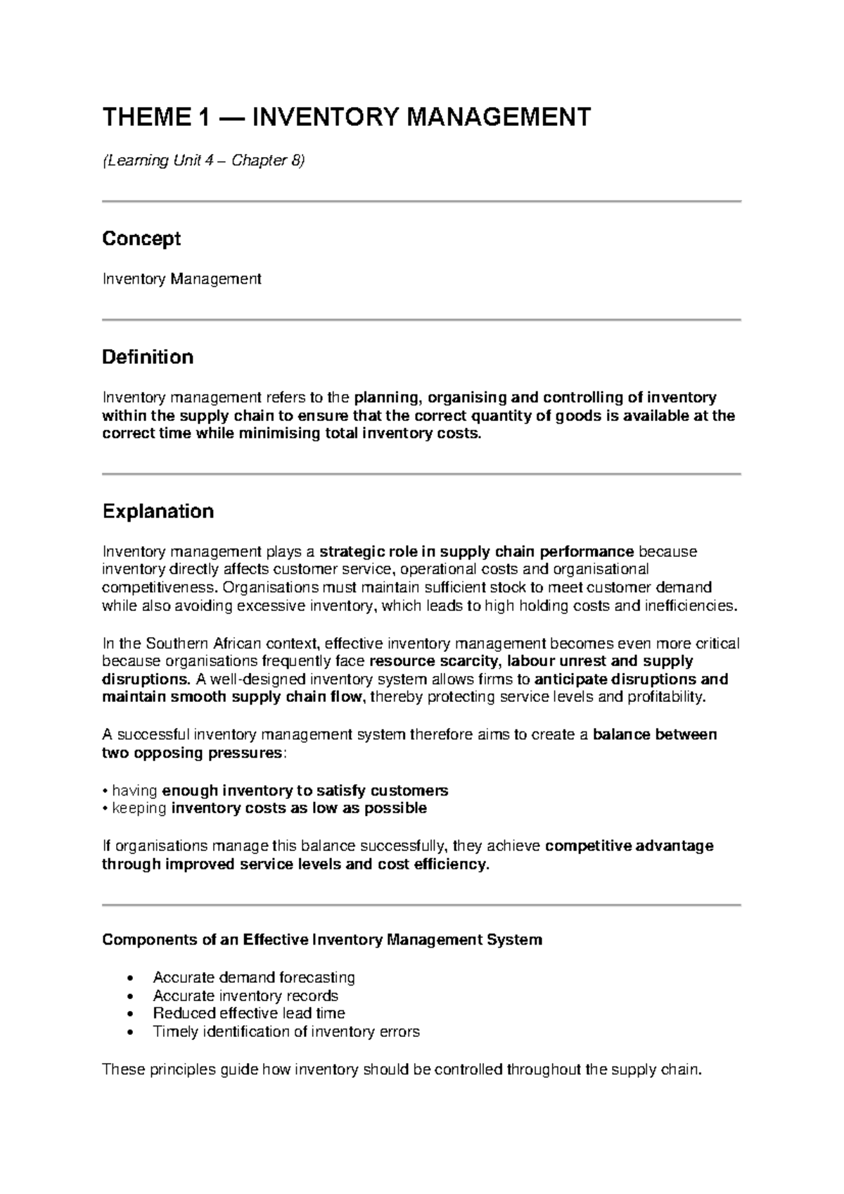 Learning Unit 4: Inventory Management Overview - Studocu