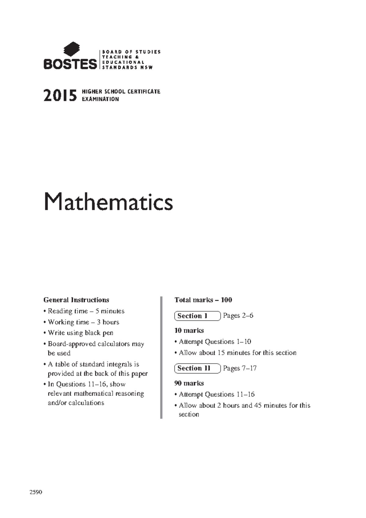 2015 HSC Mathematics Exam: General Instructions & Questions - Studocu