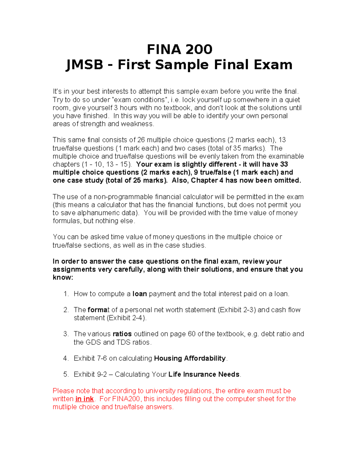FINA 200 - Sample Final Exam Prep for Financial Analysis - Studocu