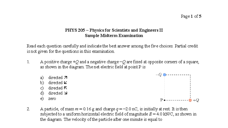 PHYS 205 Sample Midterm Exam for Physics II - Studocu