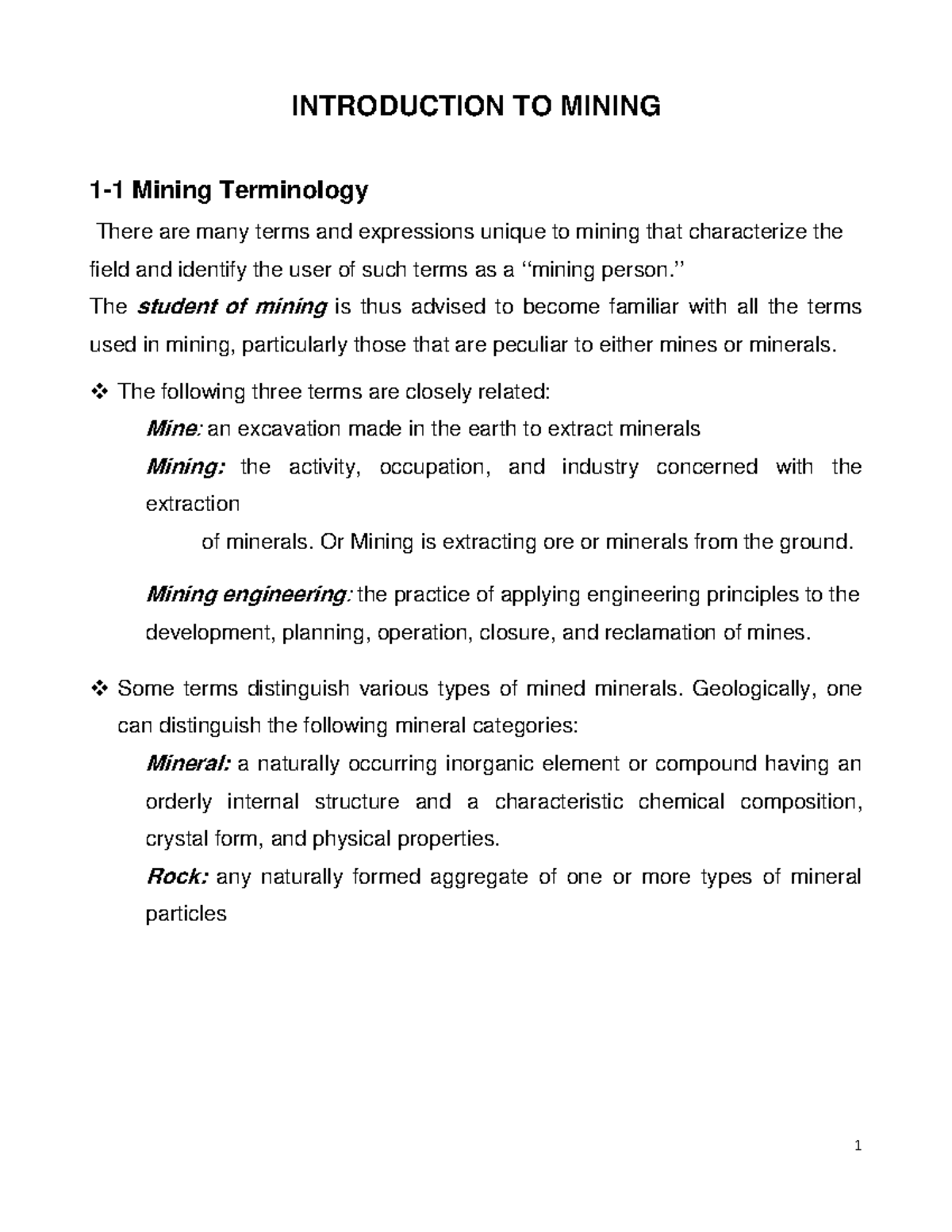 2 class- Introduction TO Mining-1 - INTRODUCTION TO MINING 1-1 Mining ...