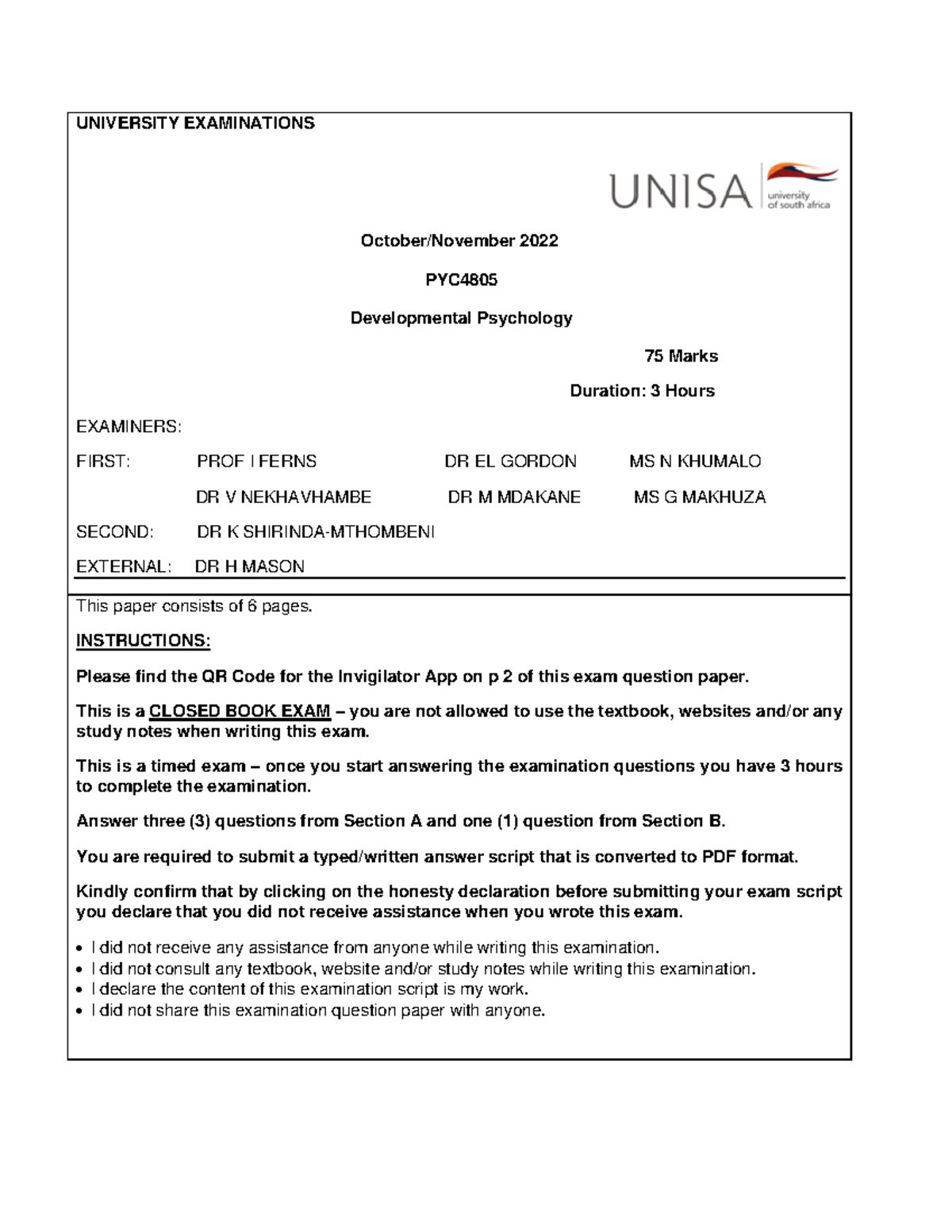 PYC4805 Final Exam: Developmental Psychology Questions & Guidelines ...
