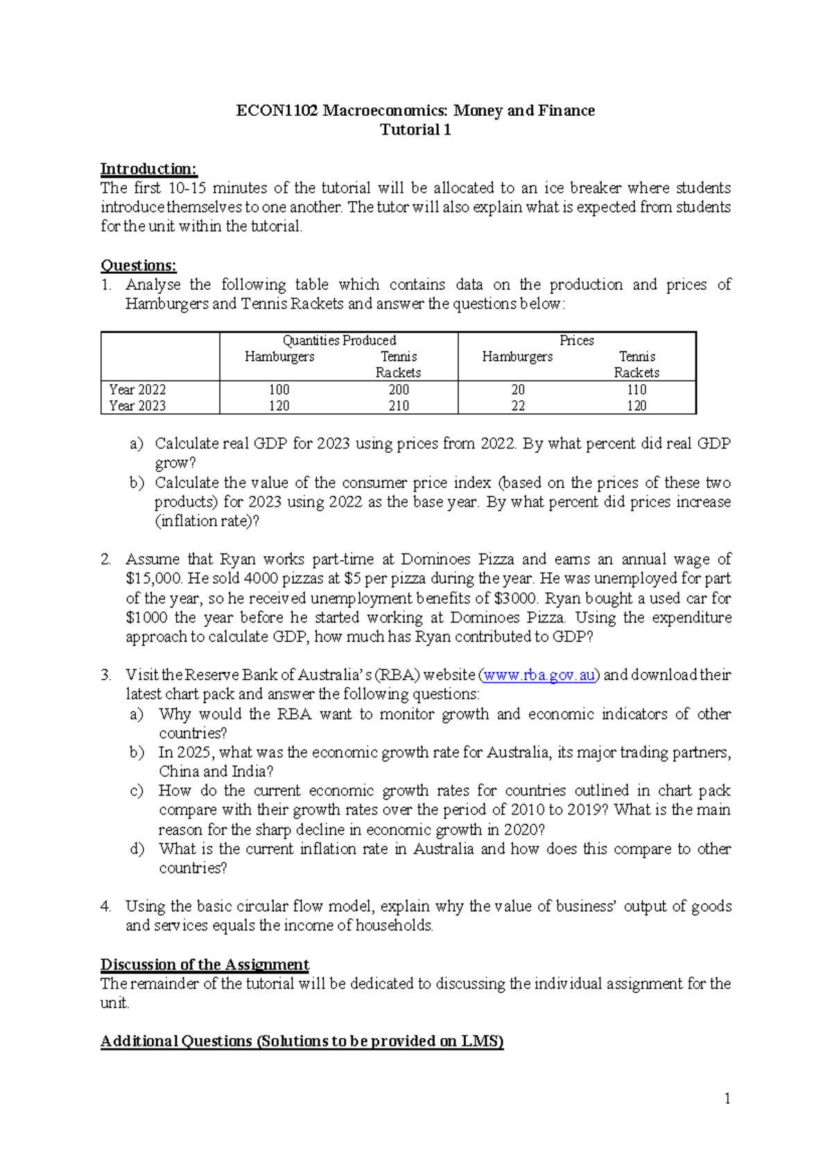ECON1102 Macroeconomics: Tutorial 1 Questions & Discussion - Studocu