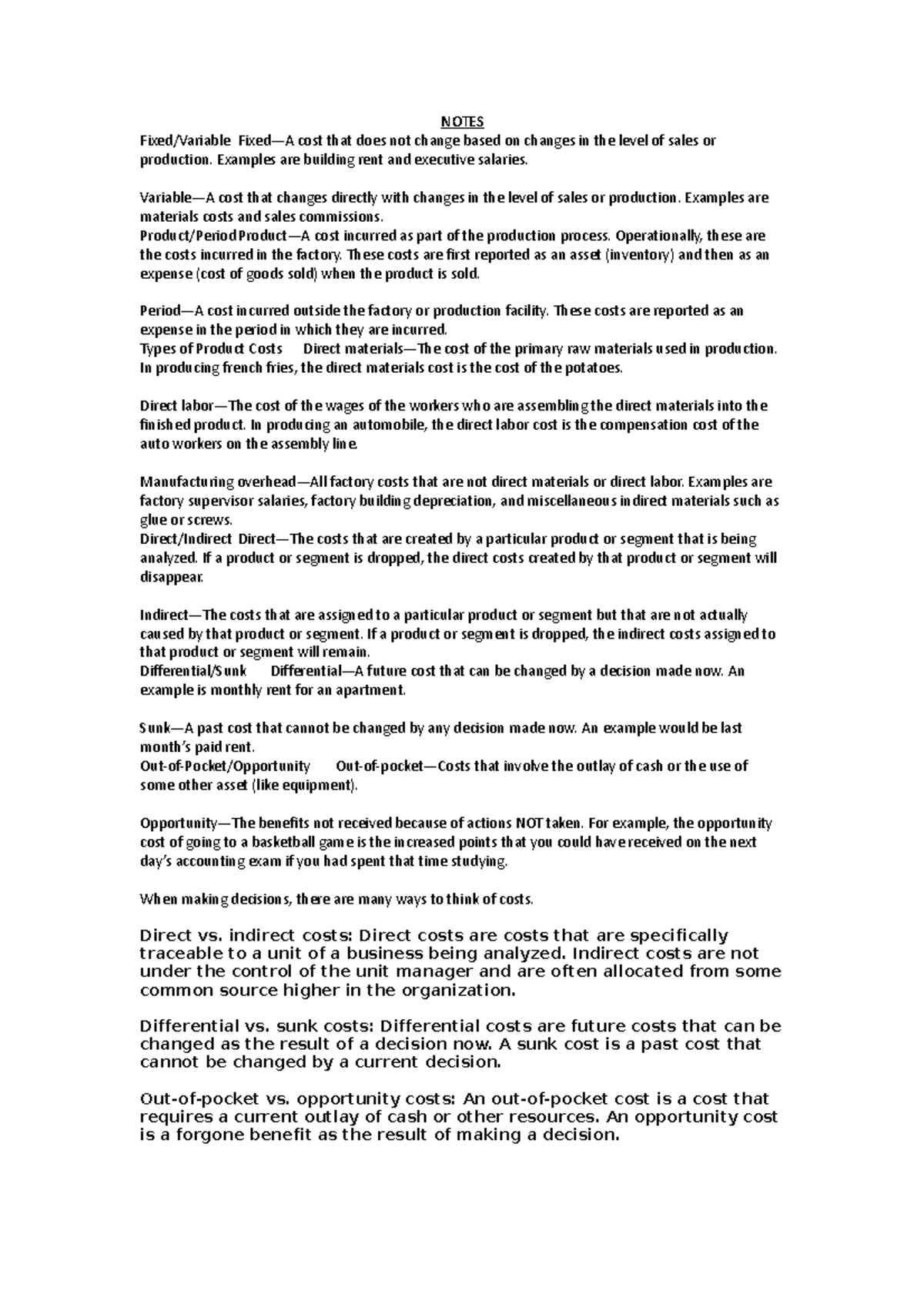 Fixed Cost and Formulas - NOTES Fixed/Variable Fixed—A cost that does ...
