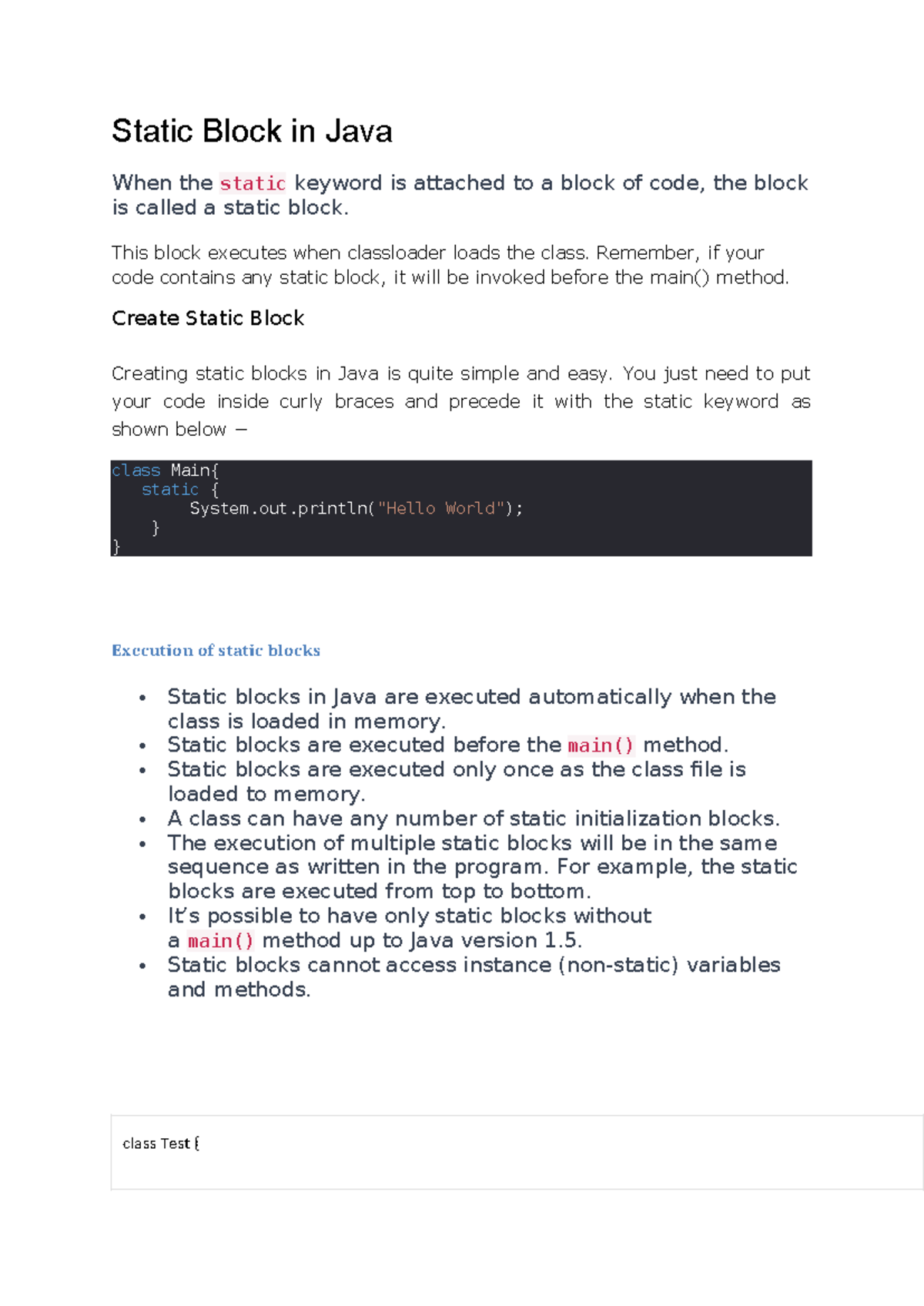 Java Static Block Overview and Usage - Studocu