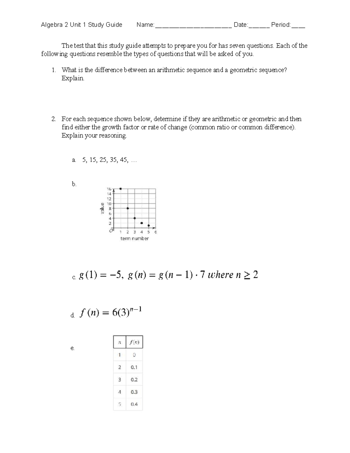 Algebra 2 Unit 1 Study Guide: Test Prep for Sequences & Series - Studocu