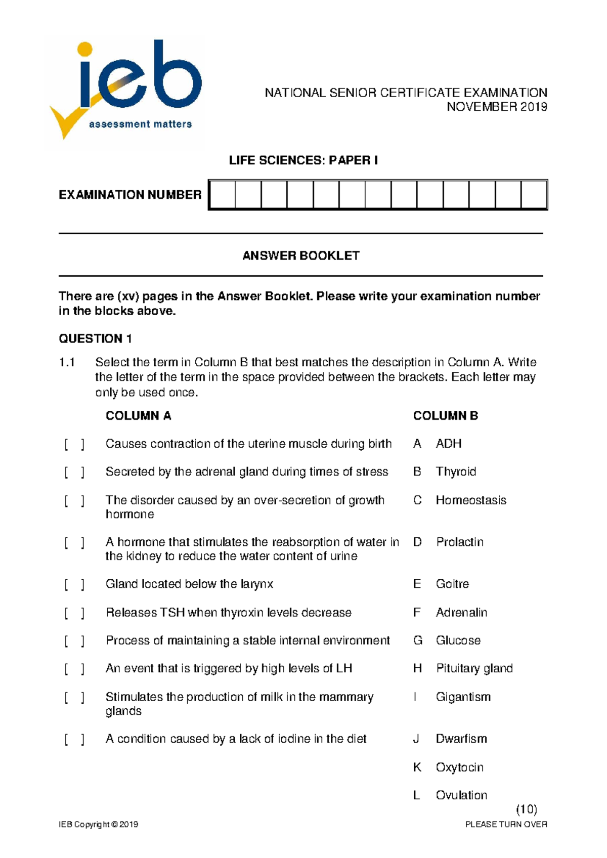 Life Sciences P1 Exam Answer Booklet - Nov 2019 - Studocu