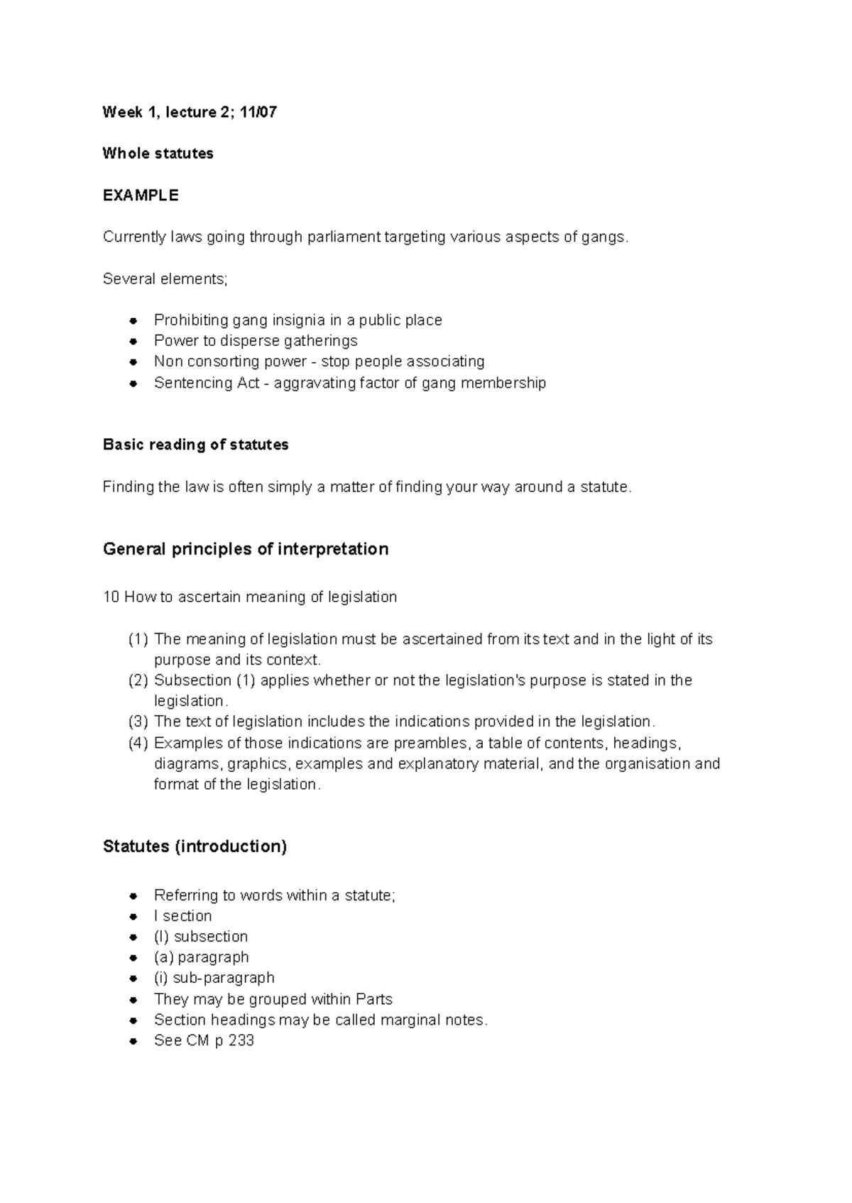 LAW123 Week 1-5 Lecture Notes on Statutory Interpretation and ...