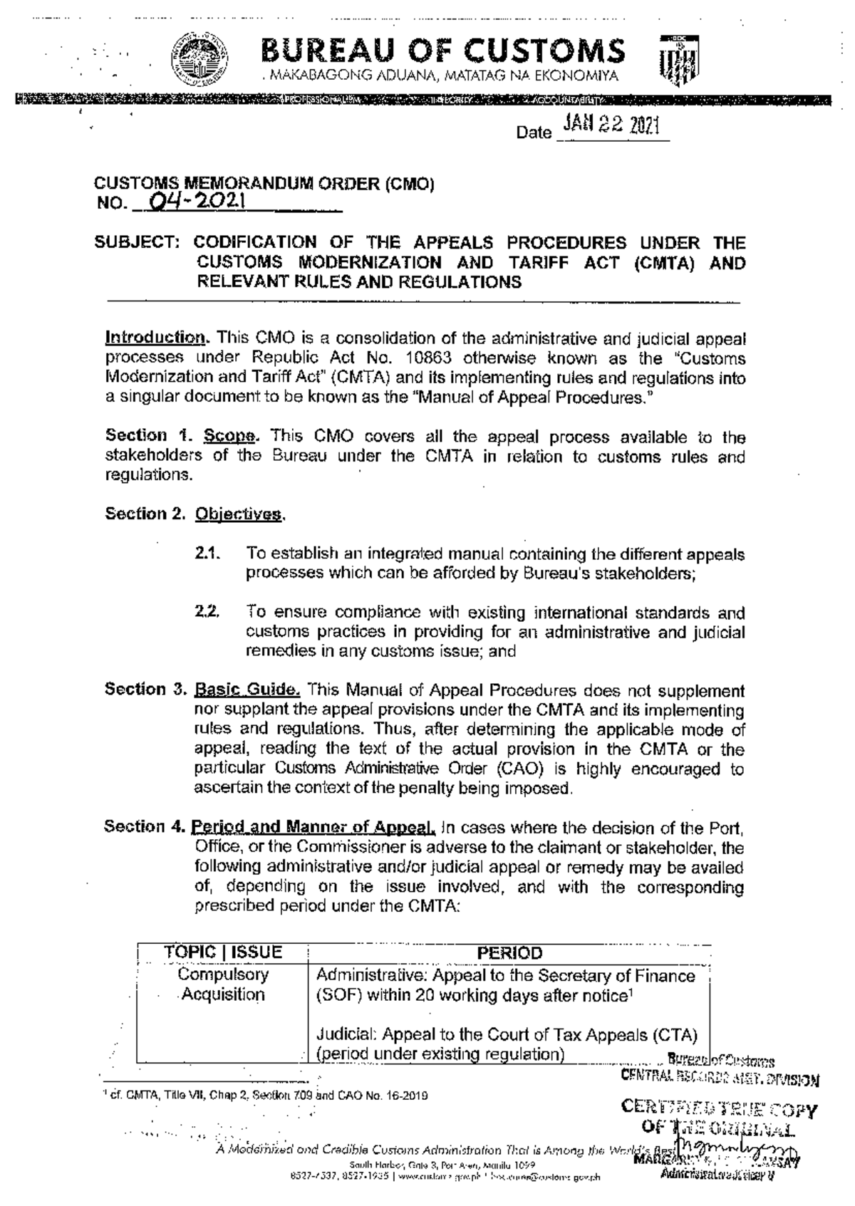 CMO No. 04-2021: Codification of Appeals Procedures Under CMTA - Studocu
