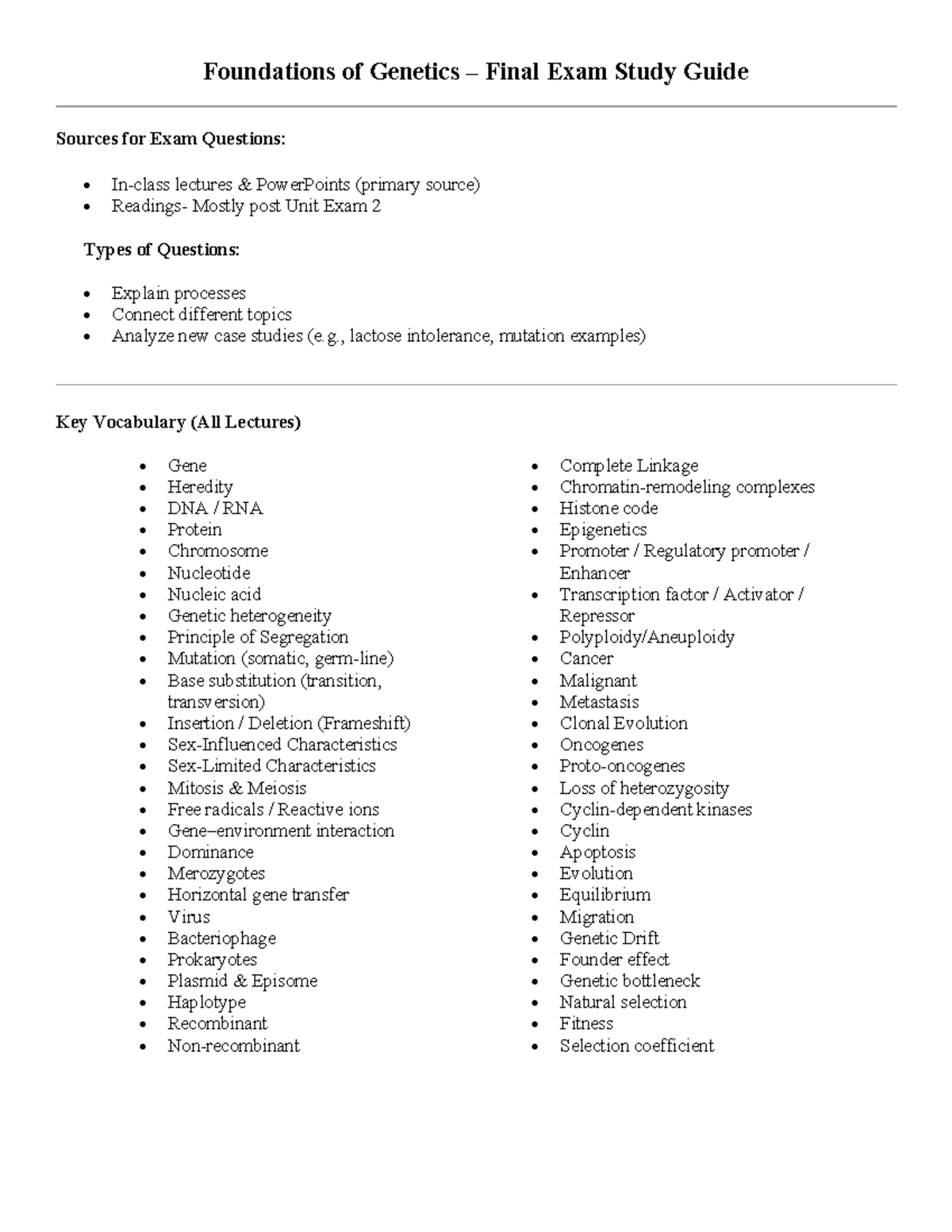 Foundations of Genetics (BIO 101) Final Exam Study Guide - Studocu