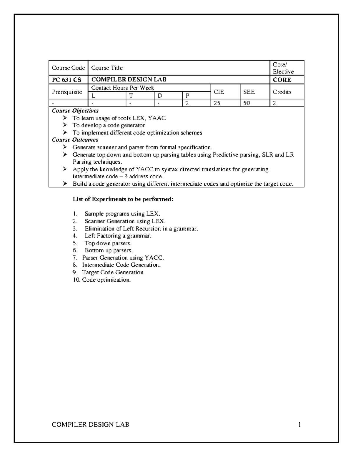 PC 631 CS Compiler Design Lab - Study Notes and Experiments - Studocu