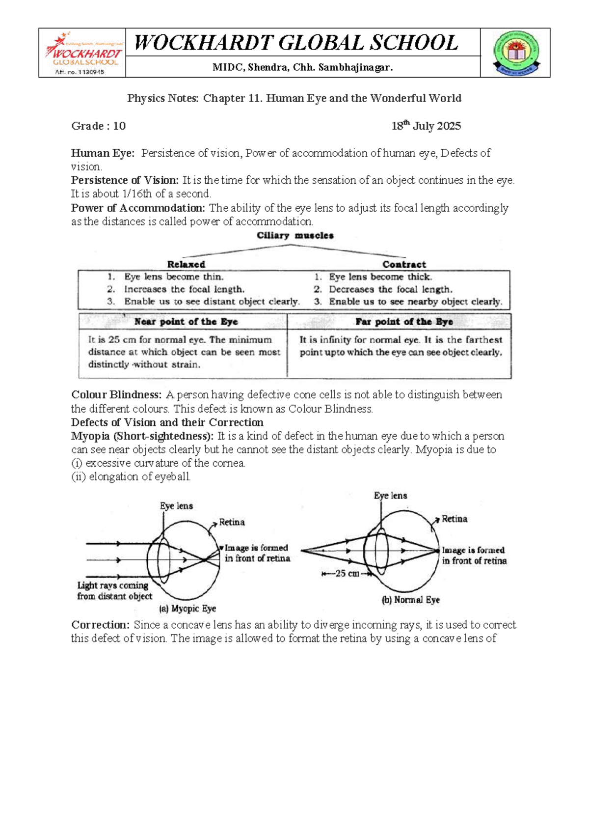 Grade 10 Physics Notes: Chapter 11 - Human Eye & Colorful World - Studocu