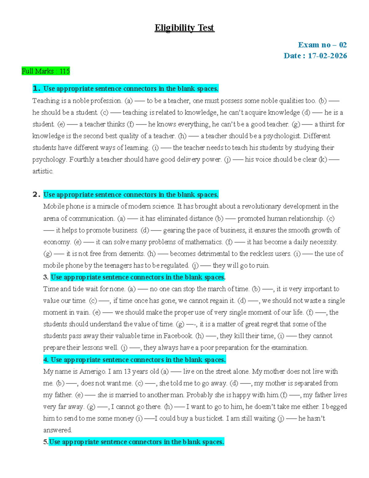Eligibility Test Exam No 02: Sentence Connectors Practice - Studocu
