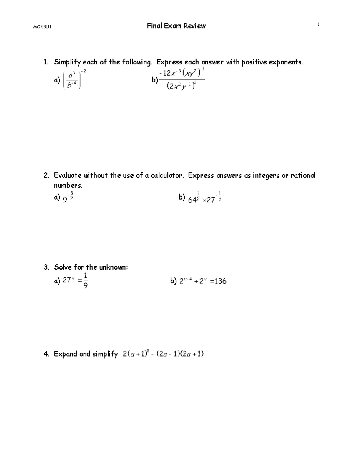 Final Exam Review MCR3U1 - Comprehensive Study Guide - Studocu