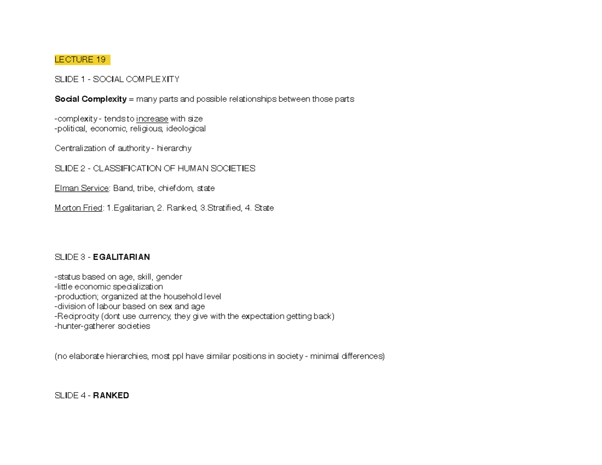Anthro Lecture 19 Pdfsd - LECTURE 19 SLIDE 1 - SOCIAL COMPLEXITY Social ...