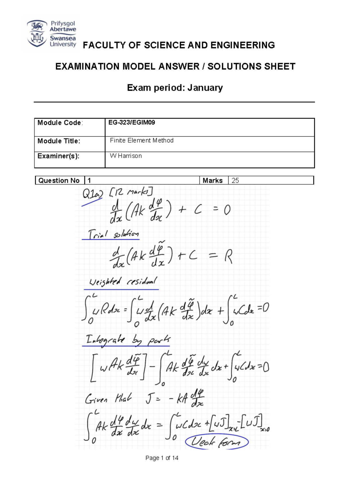 EG-323(EGIM09) Finite Element Method Exam Model Answers - Studocu