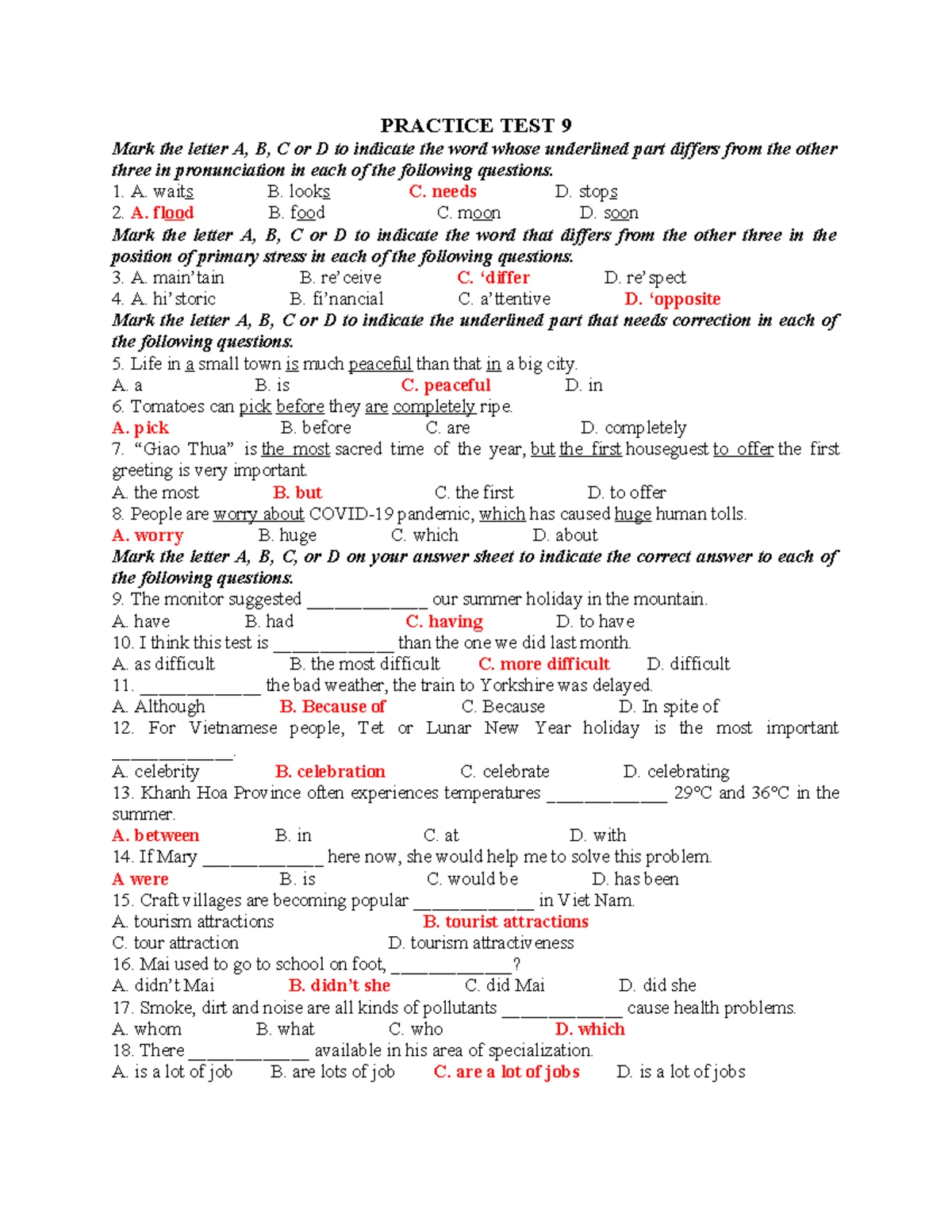 Practice Test 2 - Pronunciation, Stress, and Grammar Questions - Studocu