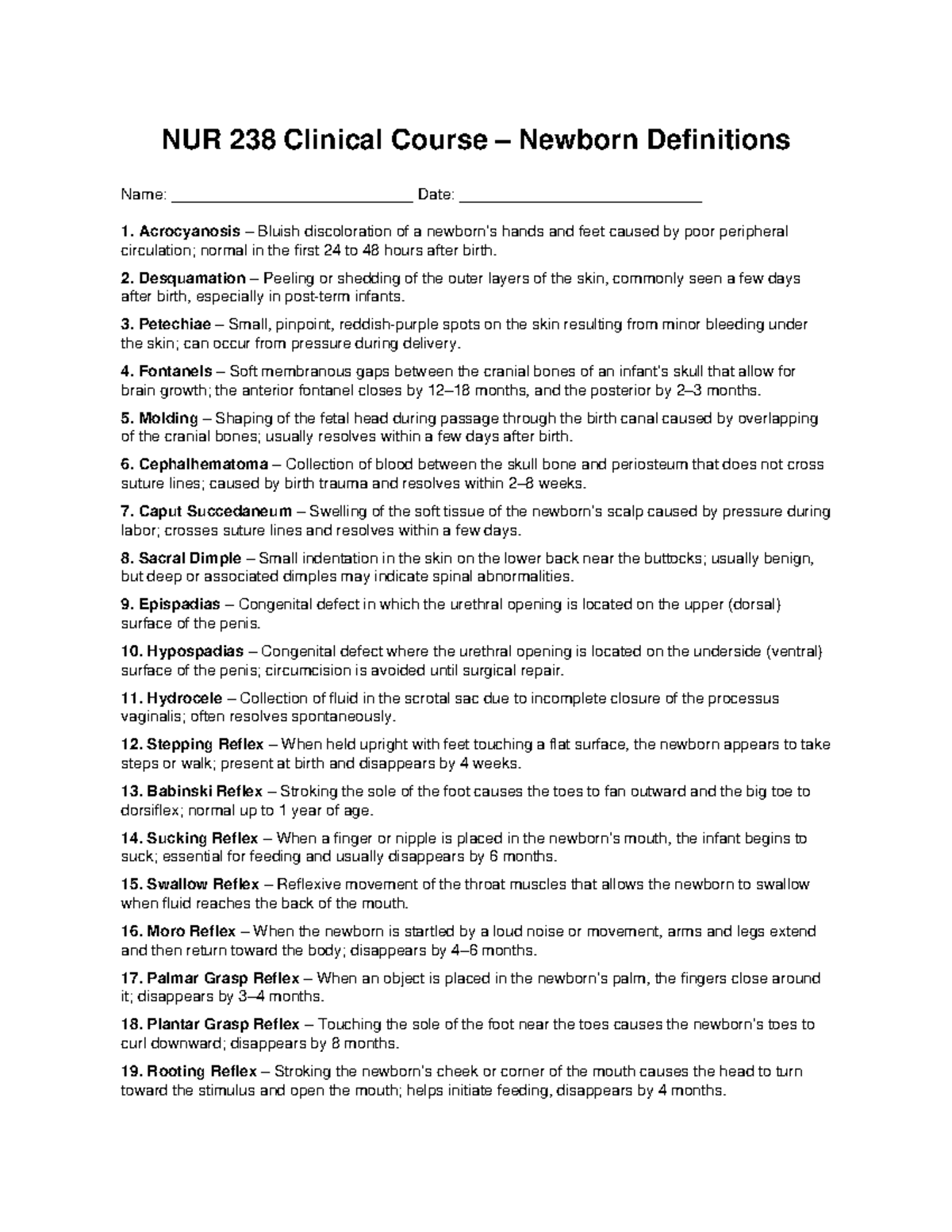 NUR 238 Clinical Course: Key Newborn Definitions and Reflexes - Studocu