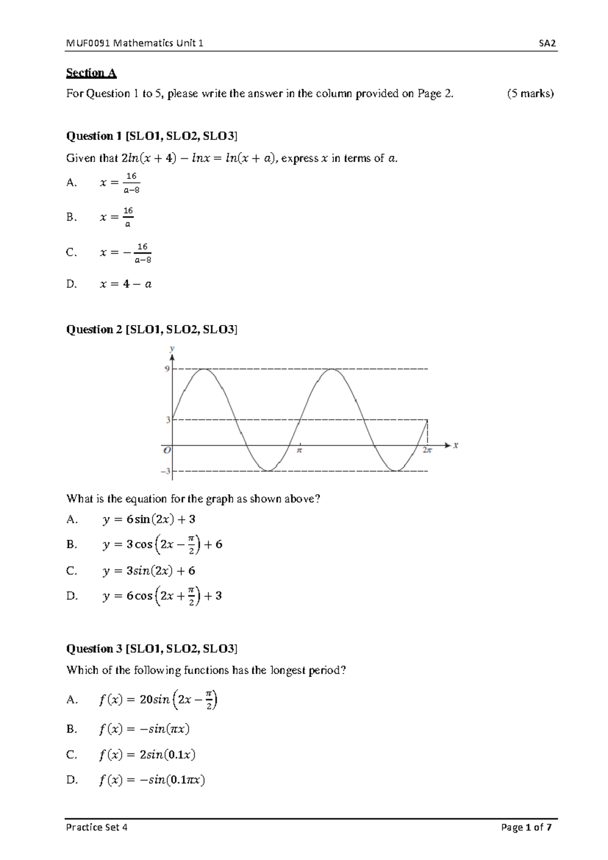 MUF0091 Mathematics Unit 1 SA2 Practice Set 4 Solutions - Studocu