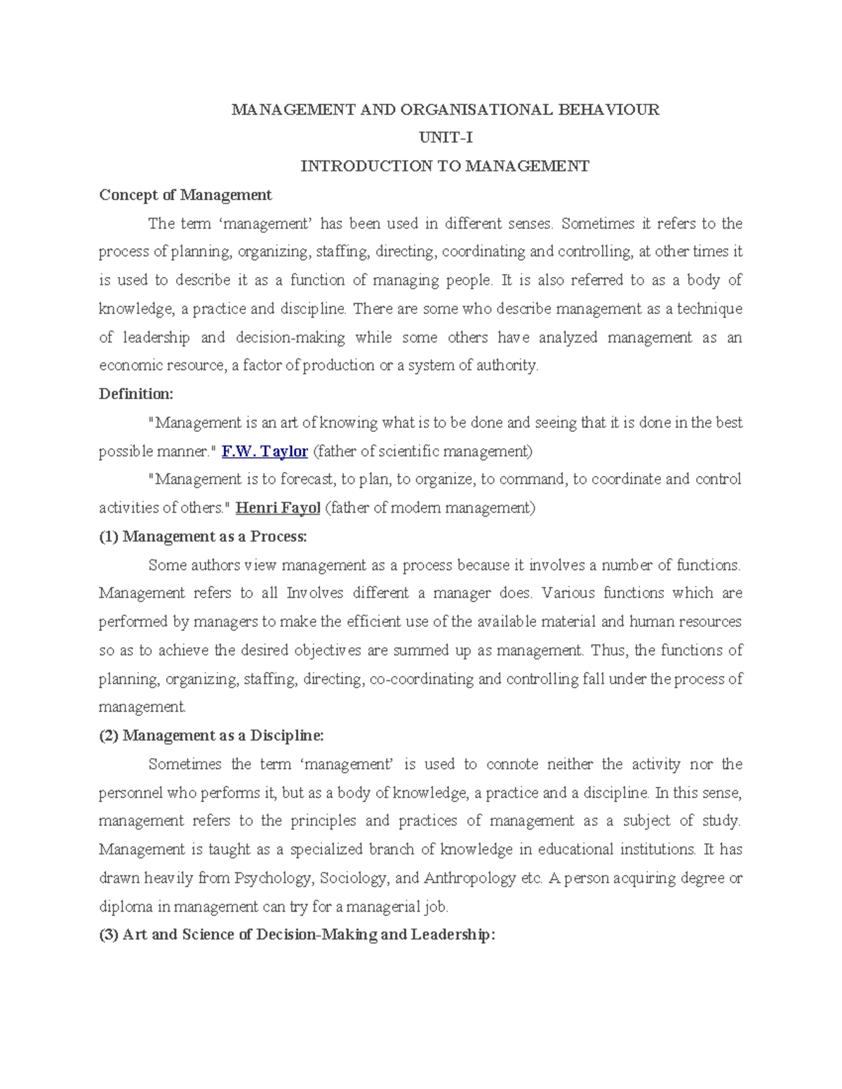 MOB unit-1 - MOB - MANAGEMENT AND ORGANISATIONAL BEHAVIOUR UNIT-I ...