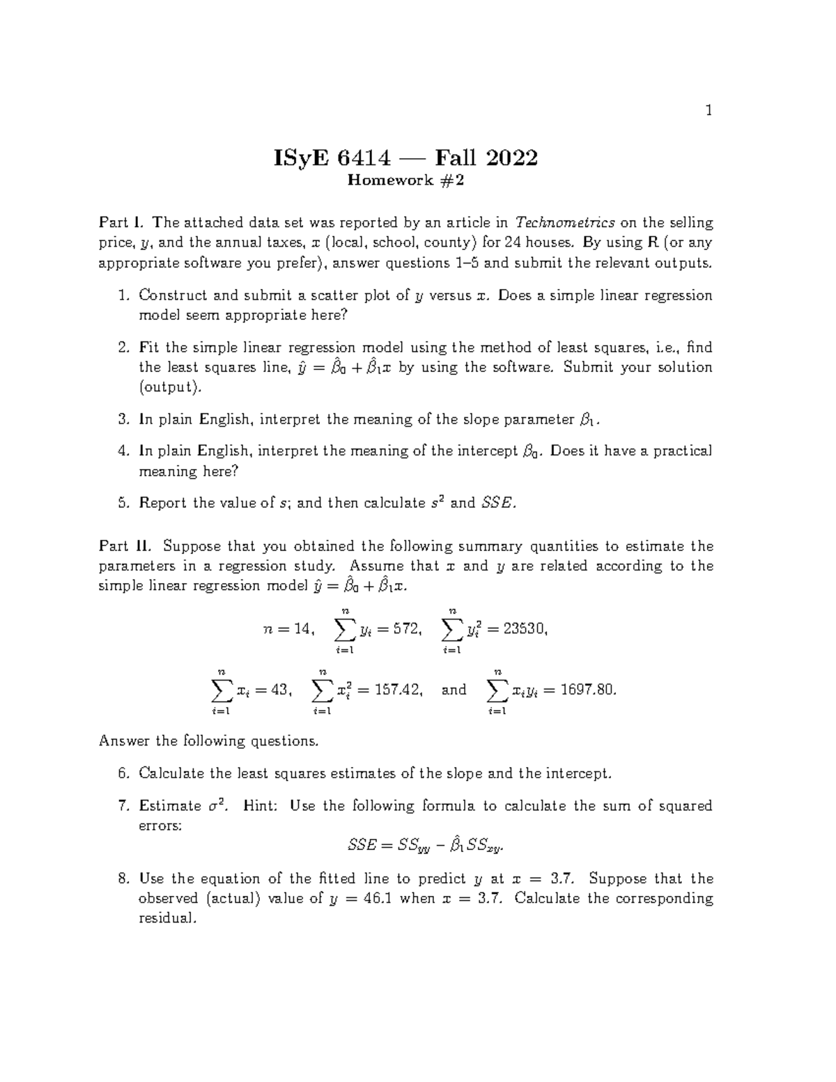 ISyE 6414 - Fall 2022 Homework 2: Linear Regression Analysis - Studocu