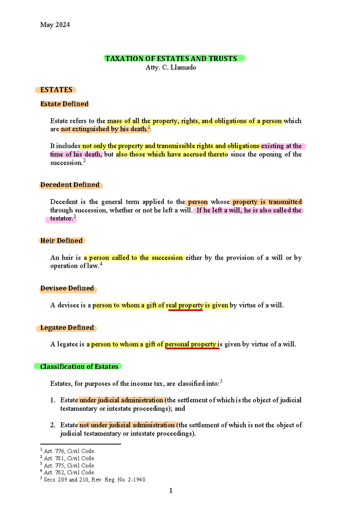 CPAR Taxation of Estates and Trusts Overview (Batch 95) - Studocu
