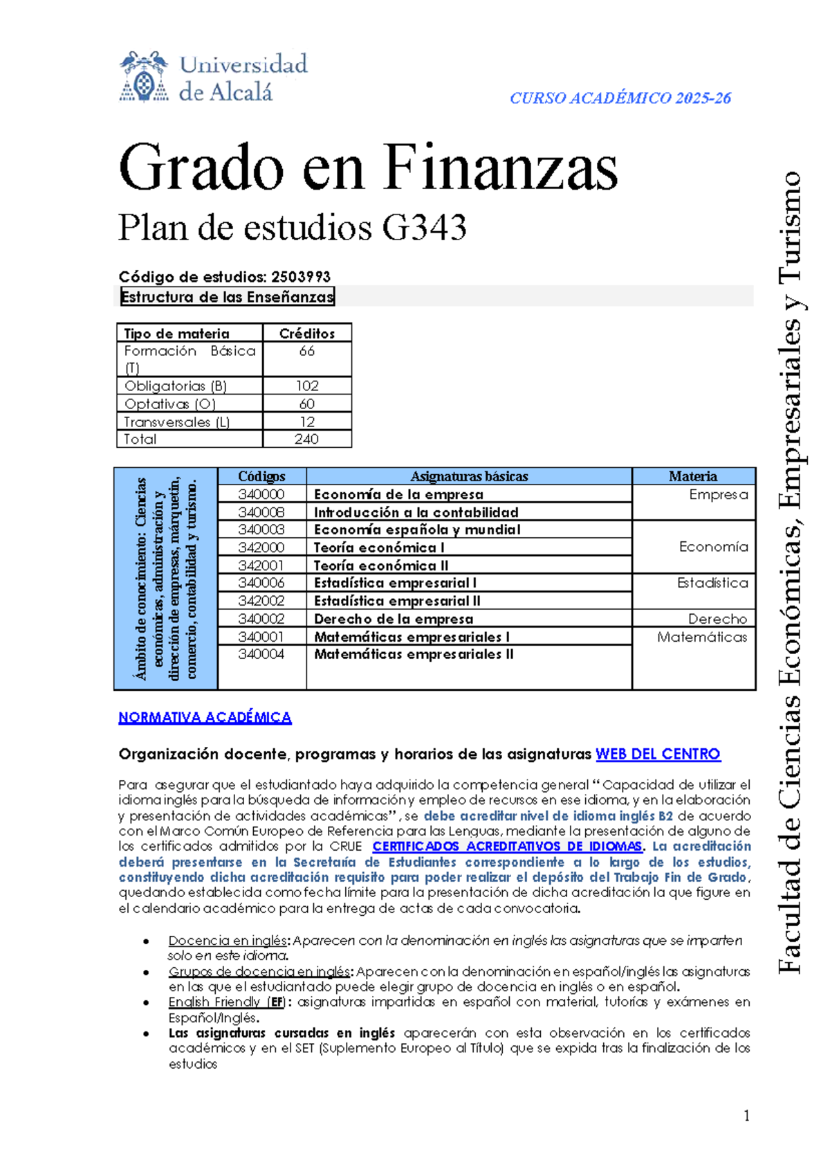 Plan de Estudios Grado en Finanzas G343 - Estructura y Asignaturas ...