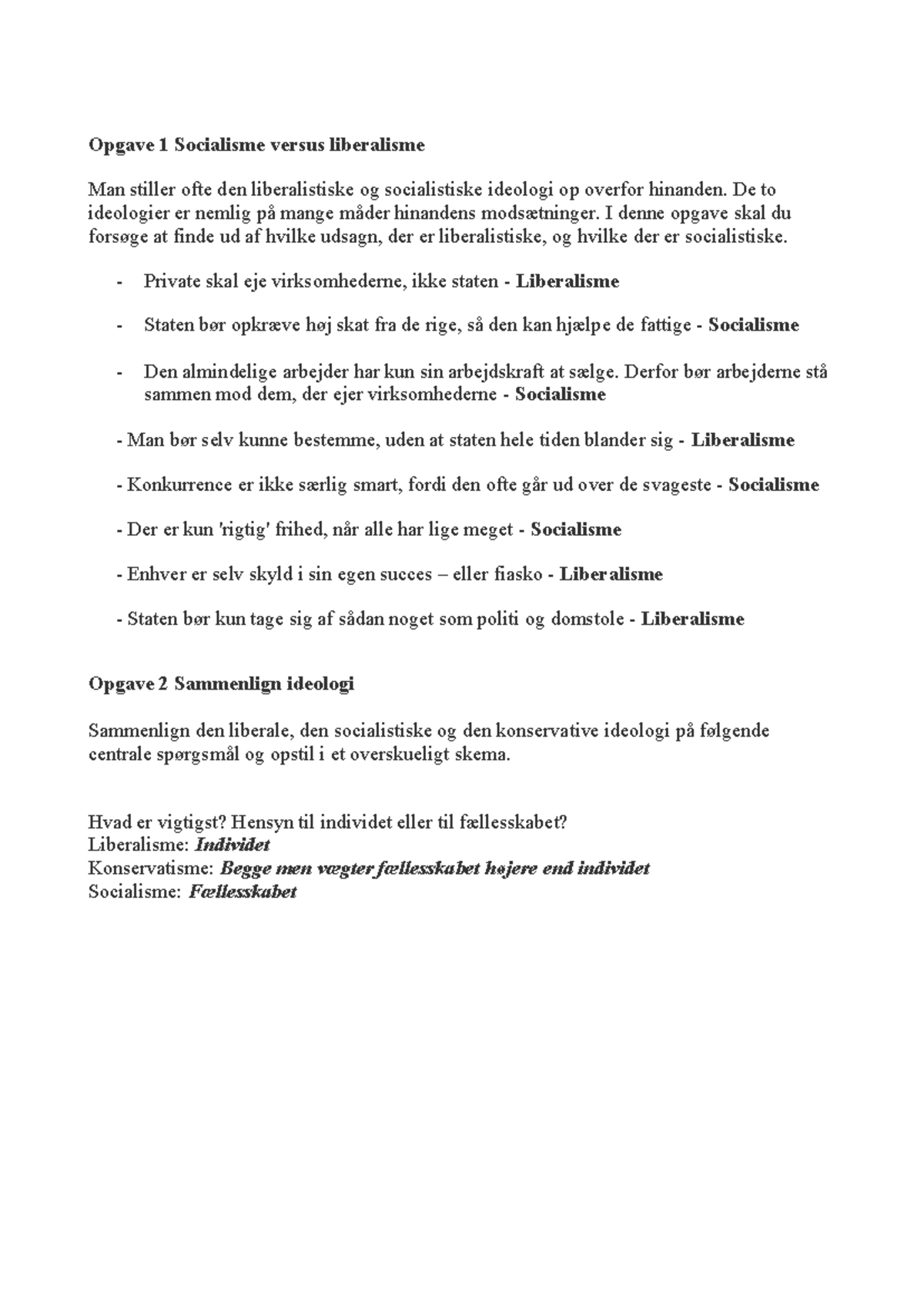 Opgave 1-3: Sammenligning af Socialisme, Liberalism & Konservatisme ...