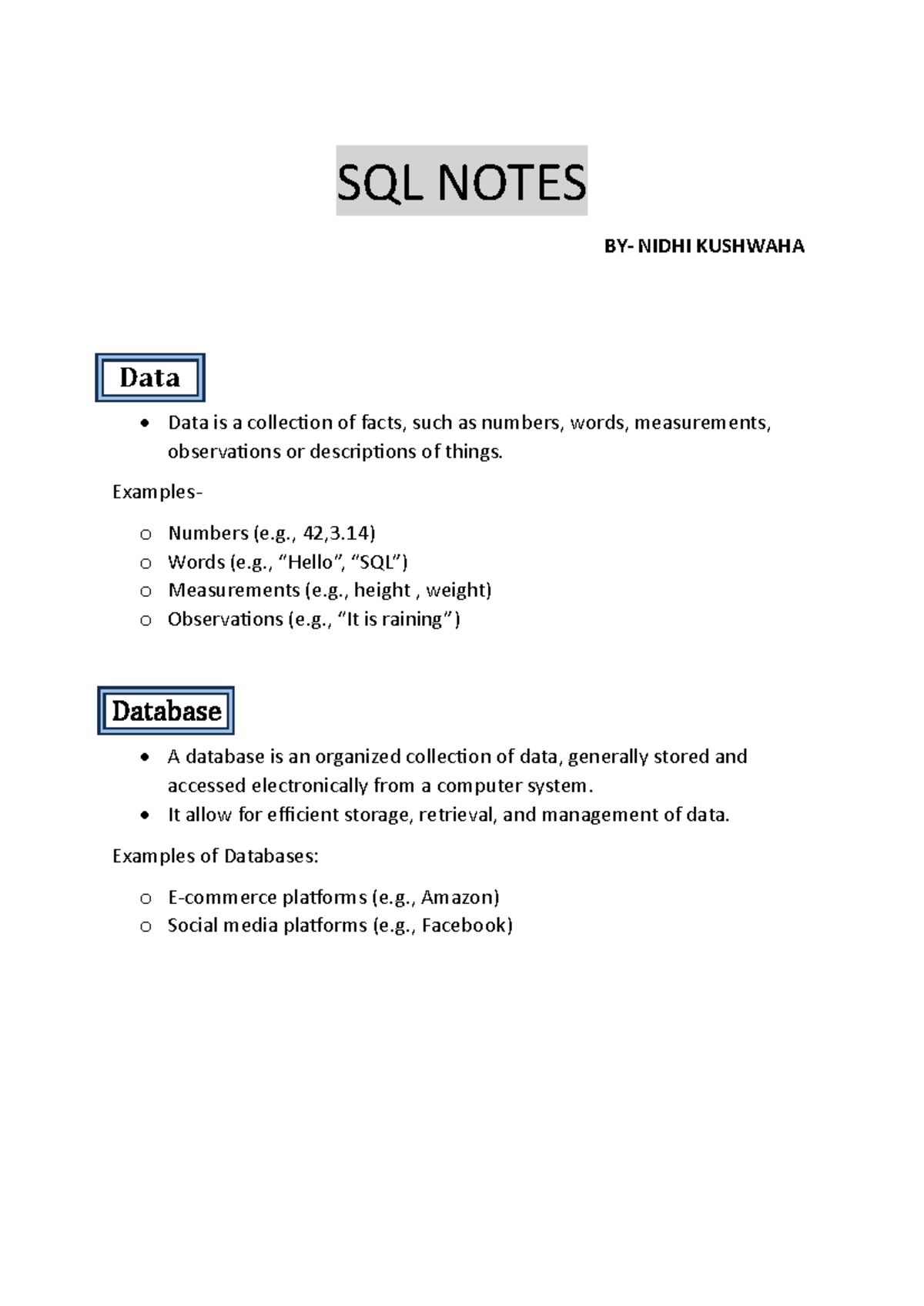 SQL NOTES (SQL101) - Comprehensive Guide to Database Management - Studocu