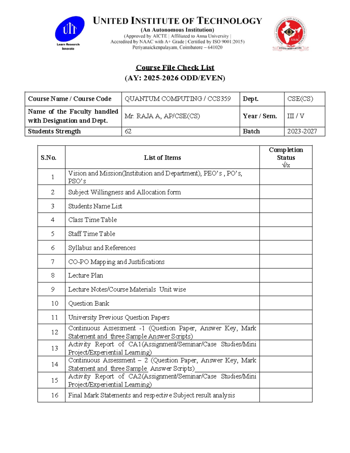 Course File Checklist for QUANTUM COMPUTING CCS359 - Studocu