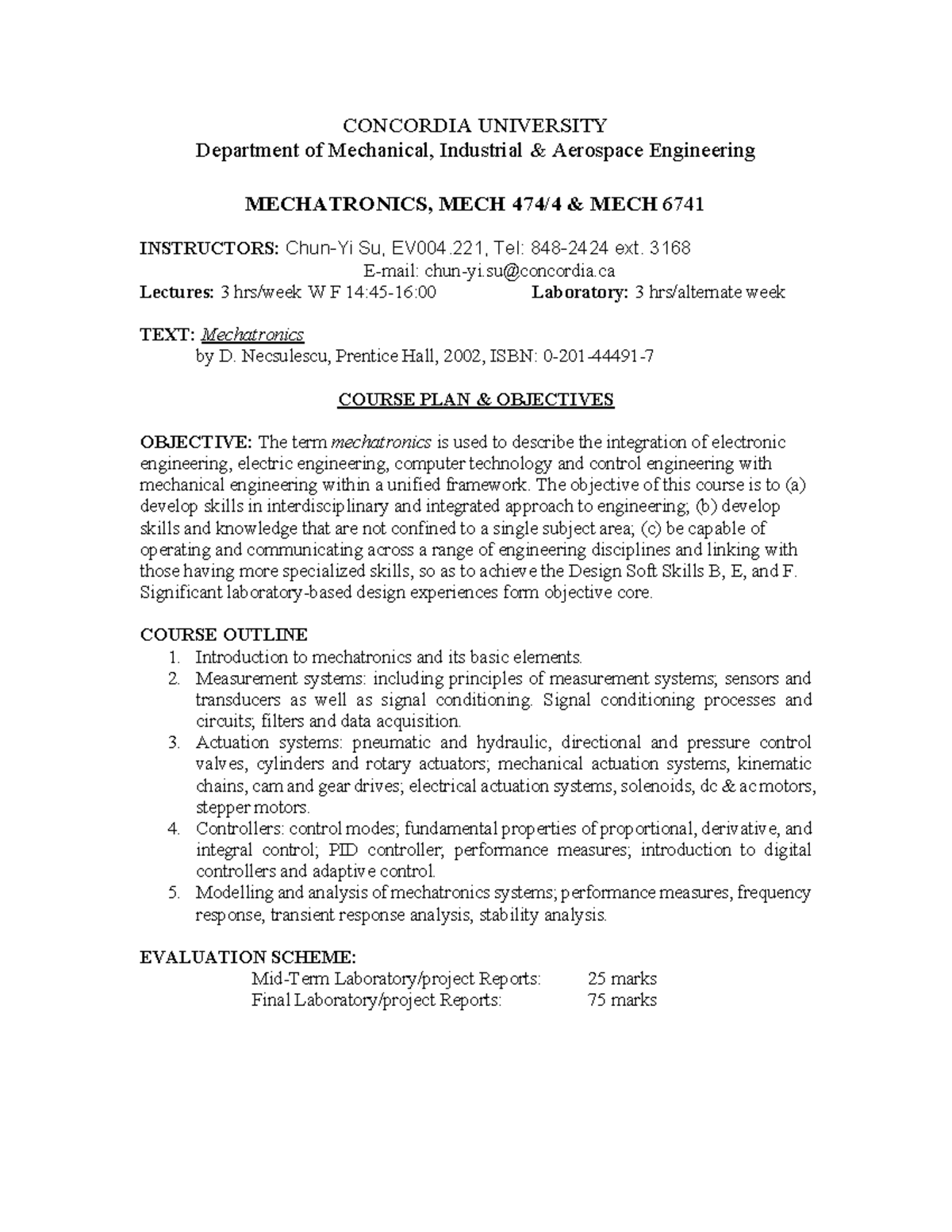 MECH 474 Outline - CONCORDIA UNIVERSITY Department of Mechanical ...