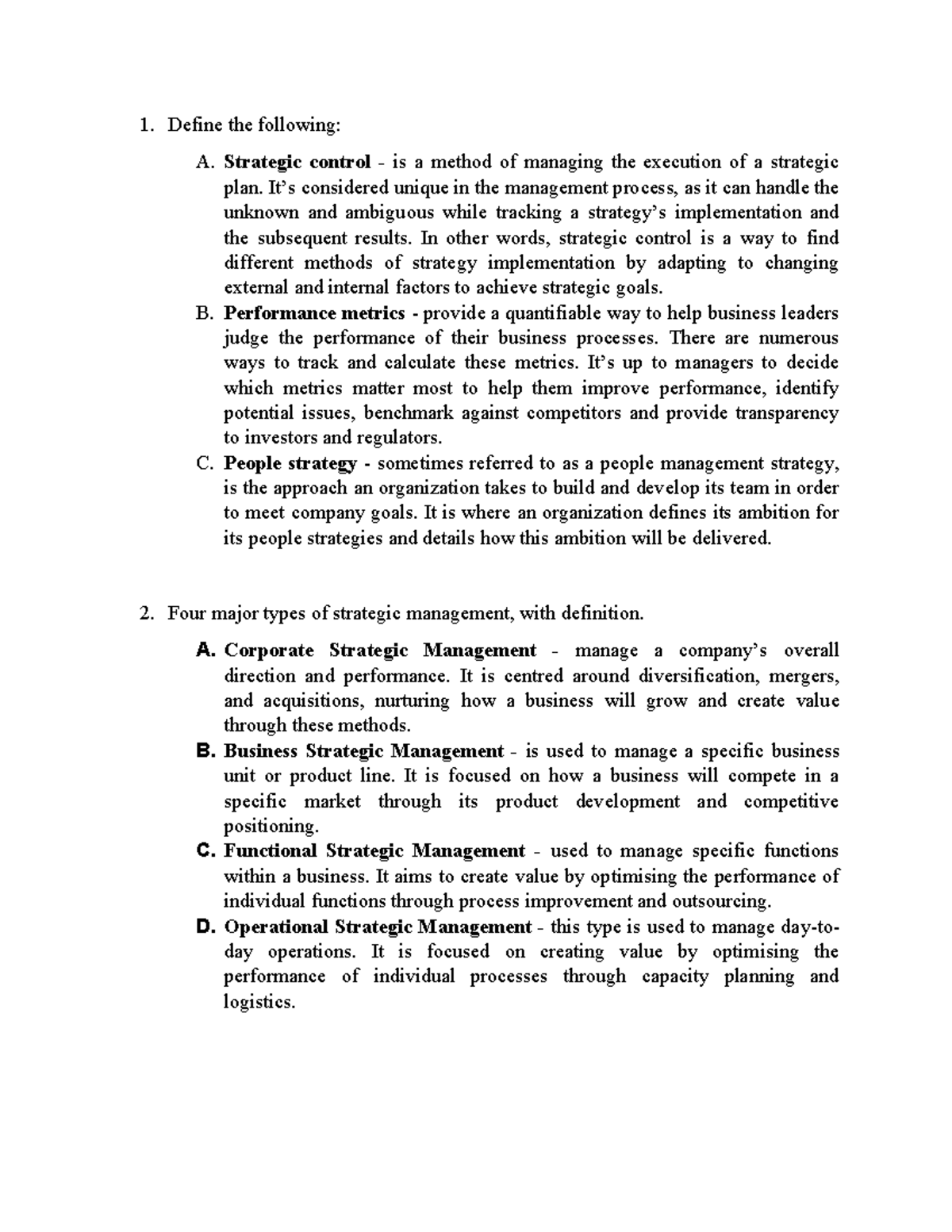 Strategic Management (SM101) - Key Concepts and Definitions Assignment ...