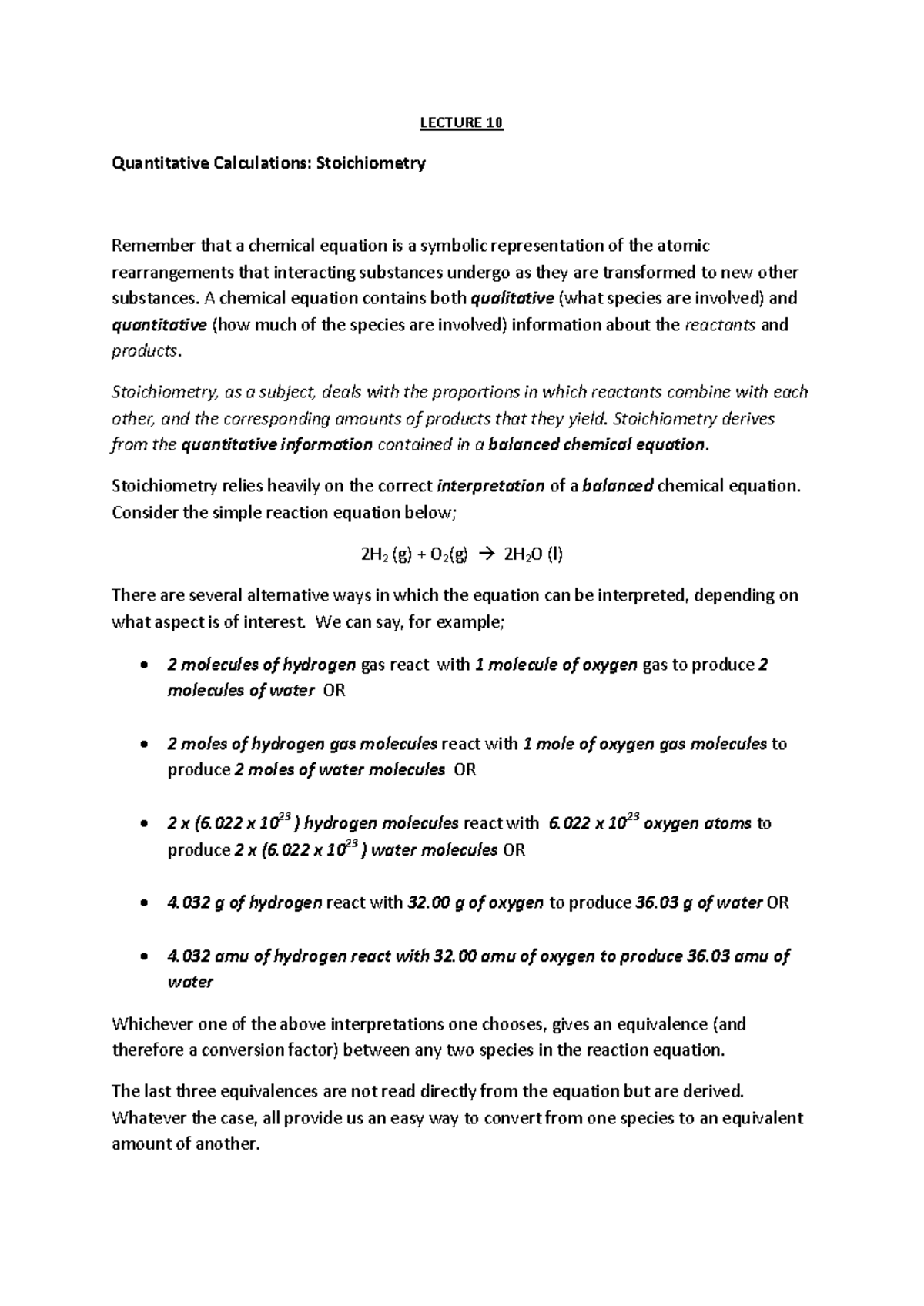 LECTURE 10: Stoichiometry and Quantitative Calculations - Studocu