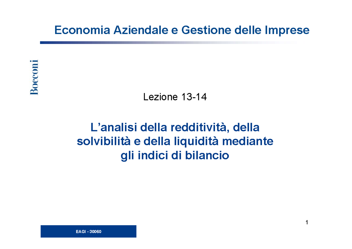 EAGI 13-14 Analisi della Redditività e Indici di Bilancio