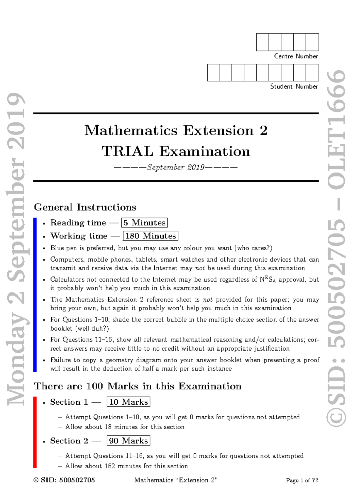 Mathematics Extension 2 Trial Exam - September 2019 - Studocu