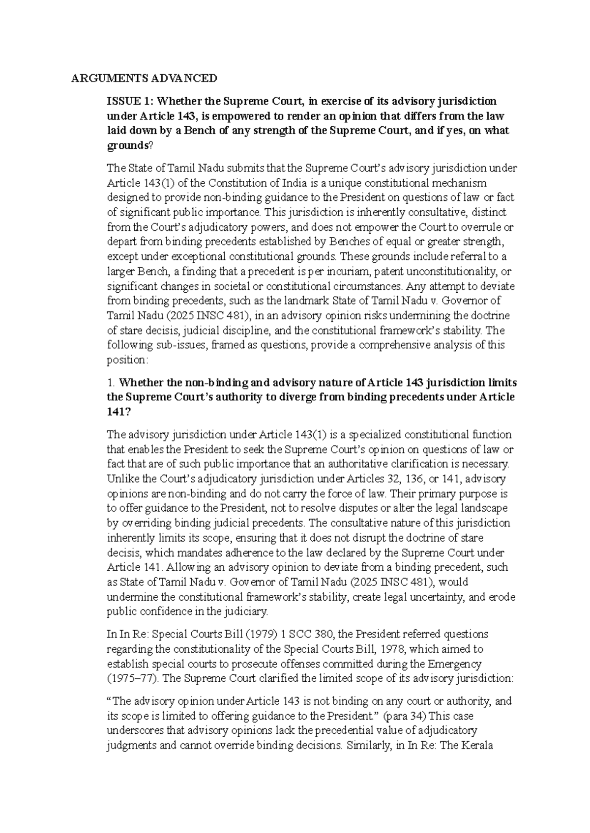 Arguments Advanced: Supreme Court's Advisory Jurisdiction under Article ...