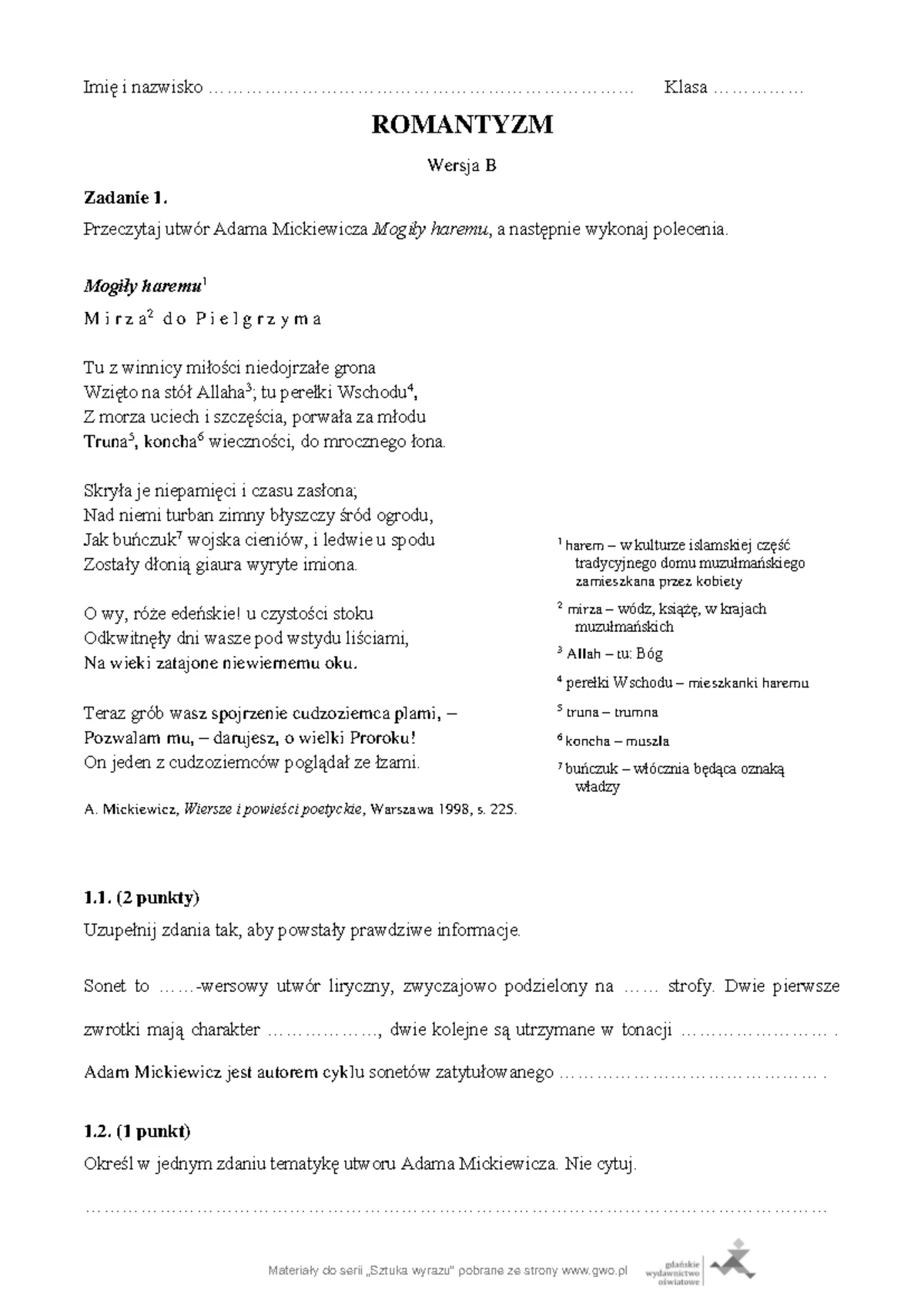 Sprawdzian Z Romantyzmu 2 Gimnazjum Informacje www.studocu.com