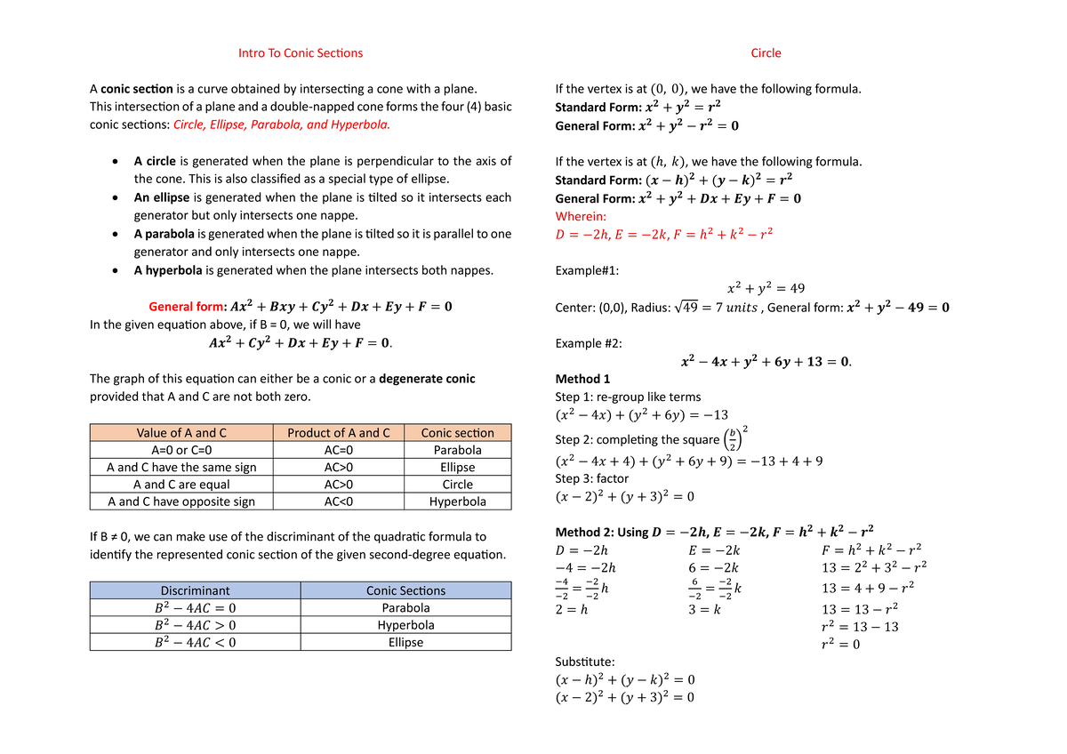 PRE-CAL: Intro to Conic Sections - Types and Characteristics - Studocu