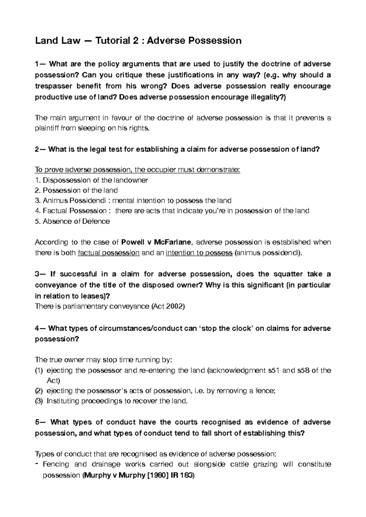 Adverse Possession Analysis - Land Law Tutorial 2 LL Maynooth 2021-2022 ...